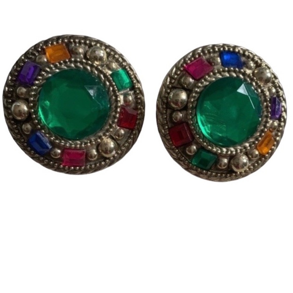 Vintage Green Jeweled Round Clip Earrings Fashion Costume Jewelry